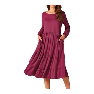 NWT Seta T Women’s Fall Casual Crewneck Flowy Boho Maxi Dress- Wine Red S